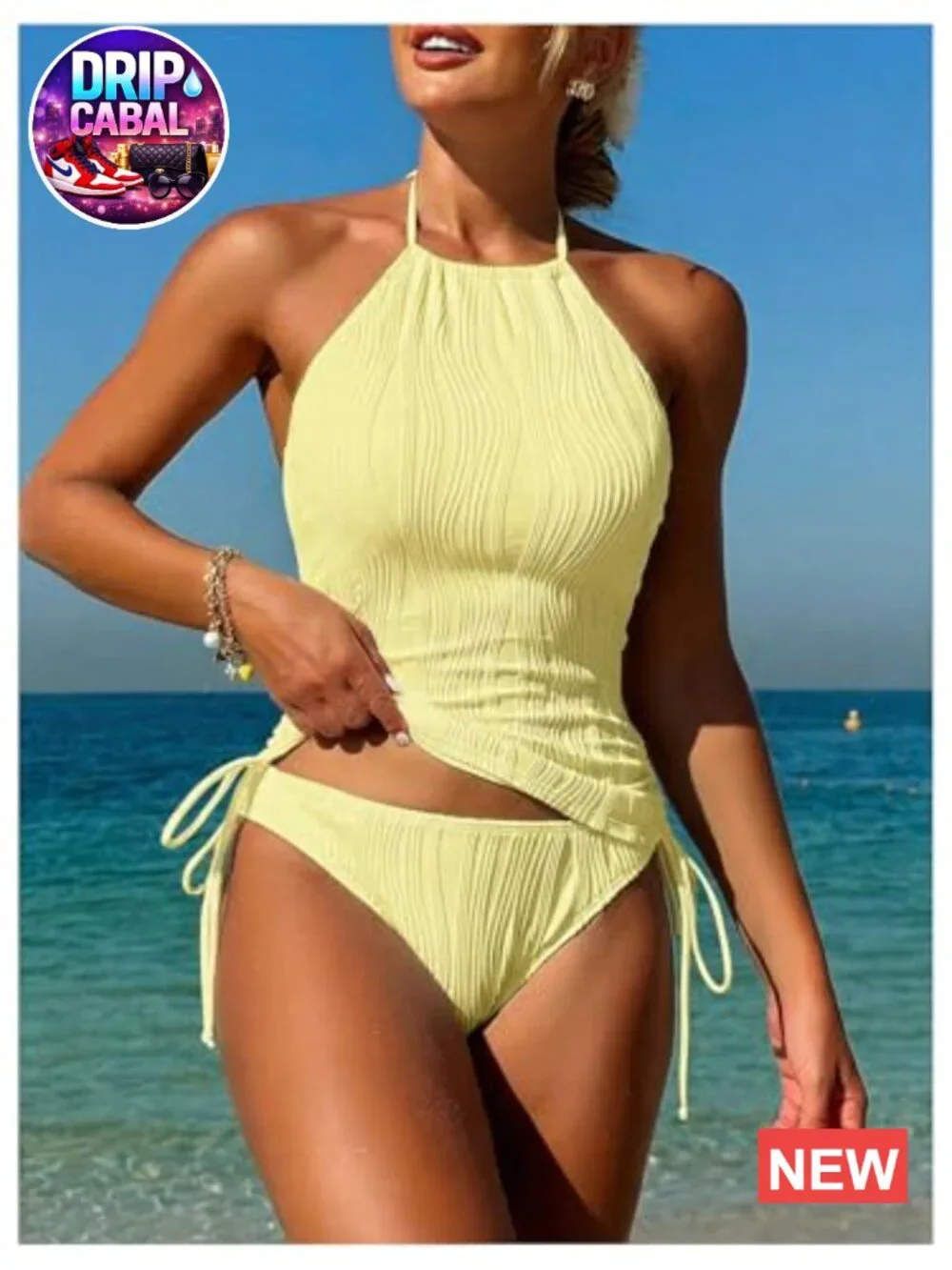 Women's 2 Piece Halter Tankini Swimsuit Tummy Control Textured Bathing Suit